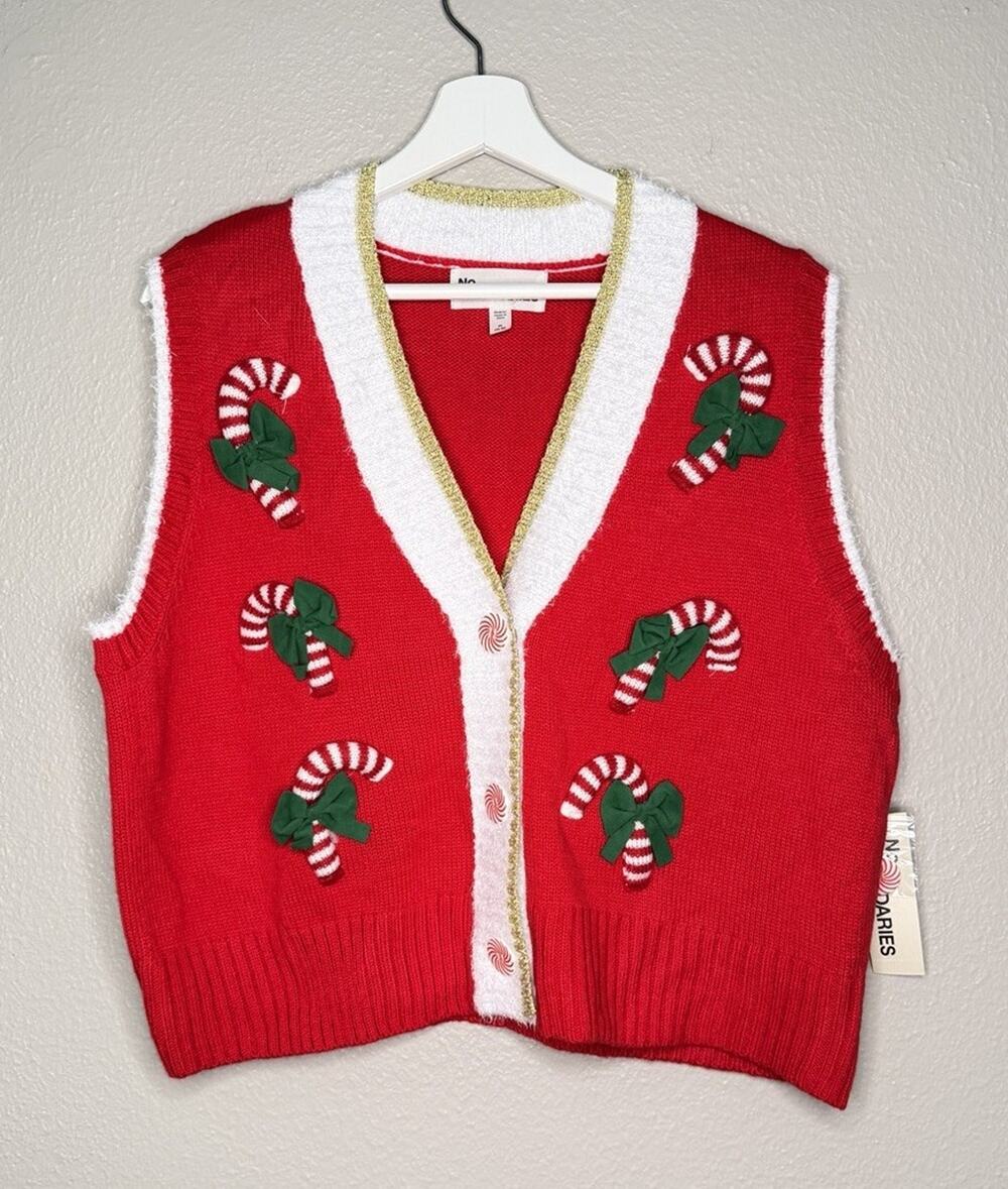 No Boundaries Women’s Size XL L Candy Cane Holly Christmas Sweater Vest Cropped